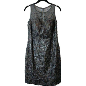 Xscape Sequin Illusion Neck Cocktail Dress Size 8 Sheath Party Holiday Metallic